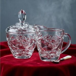 Vintage Anchor Hocking EAPC Star of David Clear Glass Sugar Bowl & Creamer Set